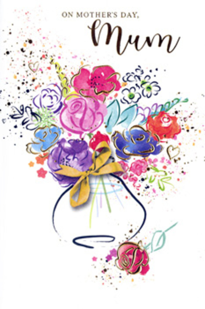Expressive Mother's Day card design featuring an exuberant watercolour bouquet that seems to capture the energy of a bright day in Charlton, when blossom trees along side streets are in full bloom. The arrangement is formed from layered strokes of colour rather than strict outlines: lush hot pinks and deep magentas mingle with gentler rose, apricot, and lilac hues, each bloom quietly defined by touches of indigo that suggest petals unfolding. Between the flowers, hints of soft blue and minty green bring the cooling presence of foliage without crowding the composition, much like the balanced greenery a skilled florist selects to frame the stars of a hand-tied bouquet. Gold detailing is scattered with intention-fine lines along the petal edges, tiny dots circling the blossoms, and delicate accents on the leaves-adding a refined shimmer that recalls the glint of afternoon sun dipping over rooftops near Charlton station. The bouquet is gathered into a simple vase that curves gently towards the bottom edge of the card, painted in light washes that keep the focus on the flowers, then adorned with a neat golden bow symbolising care, tradition, and the pleasure of presenting a carefully wrapped gift. Around the central arrangement, playful splatters and heart shapes radiate outward, like joyful echoes of laughter or memories shared between mother and child. The white background gives an airy, contemporary feel, allowing each colour to breathe. Together, these elements create a warm, affectionate image that feels like a painted bouquet chosen locally to honour a mum's kindness, patience, and love in Charlton.