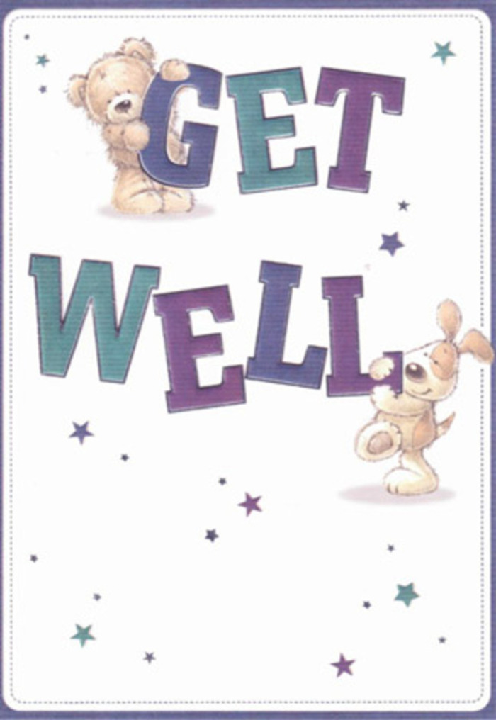 The image shows a charming get well card design that blends playful illustration with a soothing, contemporary feel, much like the thoughtful gifts people in Charlton choose when they want to brighten a neighbour's recovery at home. Dominating the composition is the message GET WELL, written in bold, chunky capitals that curve slightly at the edges, rendering the words approachable and friendly rather than formal. Each letter is shaded in rich jewel-tone layers of indigo, violet and teal, with soft gradients that create depth, as if the text has been cut from painted card and gently raised from the surface. The background is a clean, creamy white, free from clutter, which allows every colour and detail to breathe, evoking a sense of purity and calm similar to fresh linen or a newly prepared hospital room near Queen Elizabeth Hospital in nearby Woolwich. Atop the word GET, a plump teddy bear with soft, light-brown fur leans forward, paws resting against the letters as though it is lovingly guarding the message. The fur is suggested through gentle, feathery lines that mimic the touch of a well-worn plush toy. Below, a floppy-eared puppy wraps itself around the word WELL, its cream and tan coat rendered with smooth, curved strokes that capture the dog's velvety ears and wagging energy. Their rounded forms and expressive faces communicate affection and reassurance, like two little companions keeping watch by a bedside. Dotted across the card are delicate stars and sparkles in hues of blue, aqua, lilac and deep purple, scattered as though someone has sprinkled stardust over the message. These tiny bursts of colour help guide the eye across the design and add a gentle sense of magic and optimism. The overall atmosphere is one of lightness, care and genuine warmth: the visual equivalent of arriving with a thoughtfully chosen bouquet and a kind smile at a friend's front door in SE7.