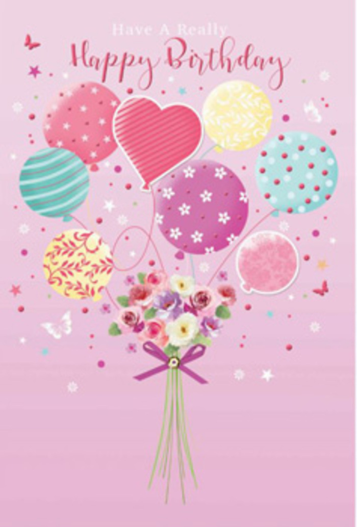 There is a sense of soft, joyful celebration woven through this illustrated birthday card, like the quiet happiness of a family gathering in Charlton on a sunny afternoon. The background is a warm, powdery pink, evoking the gentle light that falls over local gardens and terraced streets. Floating at the centre is a bouquet of pastel balloons, rising together as if they are gently lifting a small garden of flowers into the air. Each balloon is distinctive: some adorned with candy-like stripes that spiral upwards, others sprinkled with polka dots or embellished with dainty floral motifs. Their hues-pale sunshine yellow, rose, sea-green, and lavender-blend into one another like soft brushstrokes, creating a calm yet festive atmosphere. Beneath the balletic cluster of balloons, a hand-tied bouquet completes the composition. The flowers, a mix of petite roses and daisy-like blooms, are shaded delicately from cream to blush and mauve, their petals velvety and layered as though freshly arranged by a local florist with an eye for nuance and harmony. The stems are gathered with a purple satin bow, which glimmers slightly and draws attention to the base of the design, acting as an anchor for the airy balloons above. Scattered around are tiny butterflies and star-like flecks, suggesting movement and the sparkling excitement of a birthday wish. The illustration feels intimate and heartfelt, an artistic echo of a real bouquet that might be delivered to a home near Charlton Park or a birthday table set just off Charlton Church Lane, created to make the recipient feel seen, loved, and celebrated.