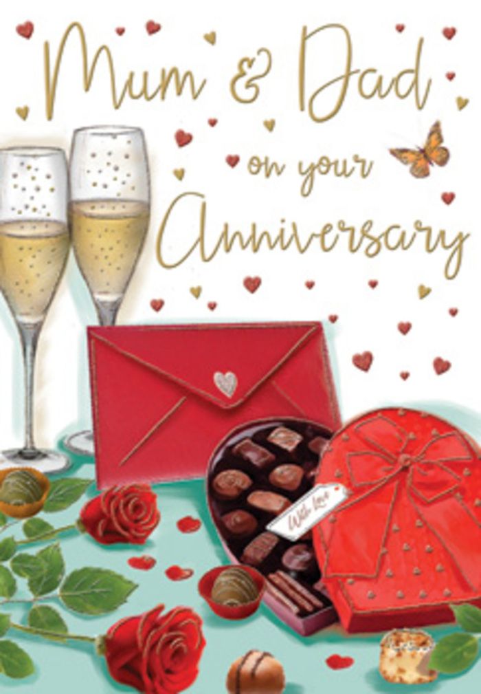The anniversary card's artwork evokes a romantic evening tucked away in Charlton, where a dining table has been transformed into a small celebration for Mum & Dad. Dominating the composition, two slender champagne flutes stand close, almost touching, filled with pale golden champagne. Tiny bubbles rise within each glass, catching the light in sparkling trails that suggest the anticipation of a heartfelt toast. In the foreground, a heart-shaped chocolate box in a rich, crimson red lies open. A lush satin bow, tied neatly, spills softly over the edge of the lid, its sheen hinting at a silky texture beneath one's fingertips. Inside, an array of chocolates is carefully arranged, each piece smooth and glossy, with a few truffles artfully scattered on the surface, ready to be enjoyed. To the side, two indulgent red roses rest among deep green leaves, their velvety petals richly layered and full, the kind of blooms a knowledgeable Charlton florist might choose for a timeless anniversary bouquet. Small golden and red hearts shimmer across a warm background, dancing around the hand-written-style greeting to Mum & Dad and adding a sense of gentle movement and joy. A vivid scarlet envelope lies nearby, perfectly sealed, suggesting a private love note penned after an evening stroll around Charlton House or a peaceful walk in Charlton Park. The whole image is bathed in a soft, romantic light that highlights glass, ribbon, petals, and chocolate, drawing everything together into a scene of gratitude, affection, and the simple luxury of marking another year of marriage in the comfort of home.
