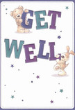 A whimsical illustrated get well card shows a cuddly teddy bear and a floppy-eared puppy working together to pass on a cheerful Get Well message, the way a local Charlton florist might carefully build a comforting bouquet. The bold words GET WELL rise up in large, rounded letters shaded in rich indigo, deep purple and teal, with soft shadowing that makes the typography appear almost three-dimensional against a crisp white background. The bear leans over the top of the word GET, tiny paws gripping the letters while its warm, honey-brown fur looks fluffy and touchable, like a favourite childhood toy kept on a bedroom shelf overlooking Charlton Park. Below, the puppy balances playfully around the word WELL, velvety ears flopping, cream and tan fur drawn with gentle strokes that suggest softness and loyalty. Around them, scattered starbursts in shades of blue, aqua and violet twinkle across the card like tiny sparks of hope floating above the Thames on a clear evening. Each star varies slightly in size and tone, creating a sense of movement and lightness, much as a cluster of delicate filler flowers might dance between roses in a hand-tied arrangement. The clean, uncluttered background keeps the focus firmly on the characters and the message, evoking freshness, calm and the promise of recovery. The overall mood is tender and uplifting, like delivering a get well bouquet to a friend's doorstep near Charlton station on a cool morning-quiet reassurance, playful charm, and the feeling that brighter days are close at hand, carried in this simple, heartfelt illustration.