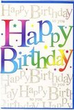 The image shows a joyful birthday card that would feel perfectly at home on a mantelpiece in Charlton, its front completely devoted to a colourful, typographic celebration. Across the centre, the phrase Happy Birthday is written in generous, softly rounded letters, each one filled with a luminous gradient that glides from rich red through warm tangerine and butter-yellow into bright green, turquoise, and deep blue. The colours melt into one another like the petals of a mixed bouquet arranged on a table overlooking Charlton Park, giving the impression of smooth, velvety ink printed on sturdy, satin-textured card. Behind the main greeting, the whole background is patterned with the words Happy Birthday to you repeating in an elegant, looping gold script. This script feels like careful, personal handwriting, fine and slightly slanted, and the gold appears to glint delicately whenever light touches it, suggesting a thoughtful use of glitter or metallic foil. The repetition of the golden phrase creates the sensation of a soft, ongoing chorus, as though the birthday song is being sung quietly again and again behind the bold, rainbow headline. The design is otherwise clean and uncluttered, allowing the interplay of bright colours and gleaming script to stand out. Together, they give the card a look that is both festive and stylish, ideal to accompany a hand-delivered birthday gift or bouquet in the local area, turning a familiar message into a moment of colour, sparkle, and heartfelt celebration.