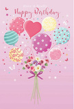 This whimsical birthday artwork captures the feeling of light, carefree joy, like stepping out into the fresh air of Charlton Park on a bright spring morning. A soft, rose-pink background wraps the entire scene in warmth, acting as a gentle stage for a floating cluster of balloons and flowers. At the heart of the design, pastel balloons drift upward, each with its own playful personality. Some swirl with candy-striped ribbons in shades of pink and teal, others are dotted with bright polka spots, while a few are printed with small floral motifs that mirror the blooms below. Their colours-blush, seafoam, lemon, and lilac-blend effortlessly, creating a dreamy, uplifting palette. Tethered beneath this airy bouquet, a hand-tied arrangement of roses and anemone-like blossoms sits at the base. The flowers are painted in creamy ivory, soft blush pink, and gentle mauve, their petals full, feathery, and delicately layered, evoking the touch and fragrance of fresh blooms. A deep violet satin bow gathers the stems neatly, its sheen catching the light as though it has just been tied by a florist preparing a special birthday delivery. Around the central bouquet, tiny butterflies and little star shapes scatter and float, giving the impression of birthday wishes drifting outward, carried on a breeze through the streets around Charlton. The mood is airy, sweet, and delightfully festive, like a card chosen to accompany a thoughtfully arranged bouquet from Florist Charlton, delivered to a local doorstep or celebration, where it will bring a smile and a sense of being truly remembered.