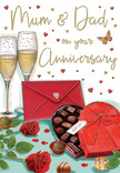 This beautifully illustrated anniversary card presents a tender celebration scene that could easily be unfolding in a Charlton living room after sunset. At its heart, two tall champagne flutes stand close together, brimming with pale golden fizz, the rising bubbles catching soft reflections like distant streetlights along Charlton Church Lane. In front of them, an open heart-shaped box of chocolates in a deep ruby red rests on the table. Its smooth lid, trimmed with a generous scarlet bow, reveals an assortment of neat, glossy truffles, with a couple of pieces thoughtfully placed on the surface as if already chosen by loving hands. To one side, two lush red roses lie in a relaxed pose, their petals velvety and richly coloured, layered in deep crimson tones that contrast beautifully with the surrounding glossy green leaves. The flowers look freshly picked, reminiscent of an expertly arranged bouquet from Florist Charlton, prepared especially for an anniversary. Scattered gently across the warm-toned background, delicate gold and red hearts float like confetti, framing a hand-lettered message addressed to Mum & Dad that feels intimately personal. A vivid scarlet envelope, sealed and slightly angled, hints at a heartfelt card filled with cherished memories of family life in Charlton, from afternoons in Maryon Wilson Park to cosy weekends at home. Soft, ambient light washes over glass, petals, and ribbon, giving everything a subtle shimmer and uniting the elements into a serene, romantic tableau that honours enduring love and the joy of shared treats, toasts, and tender words on a special anniversary.